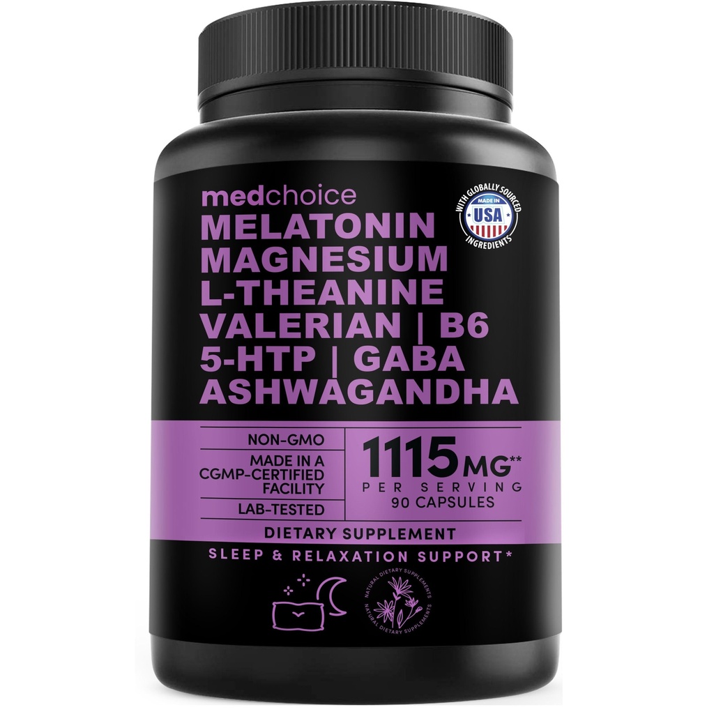 12- in-1 Kapsułki z melatoniną - Naturalna pomoc na sen dla dorosłych z melatoniną 5 mg i magnezem glicynian 500 mg, Pomoc na sen z Ashwagandha, L Theanine, Korzeń waleriany, GABA, 5- HTP (90ct, opakowanie po 1)