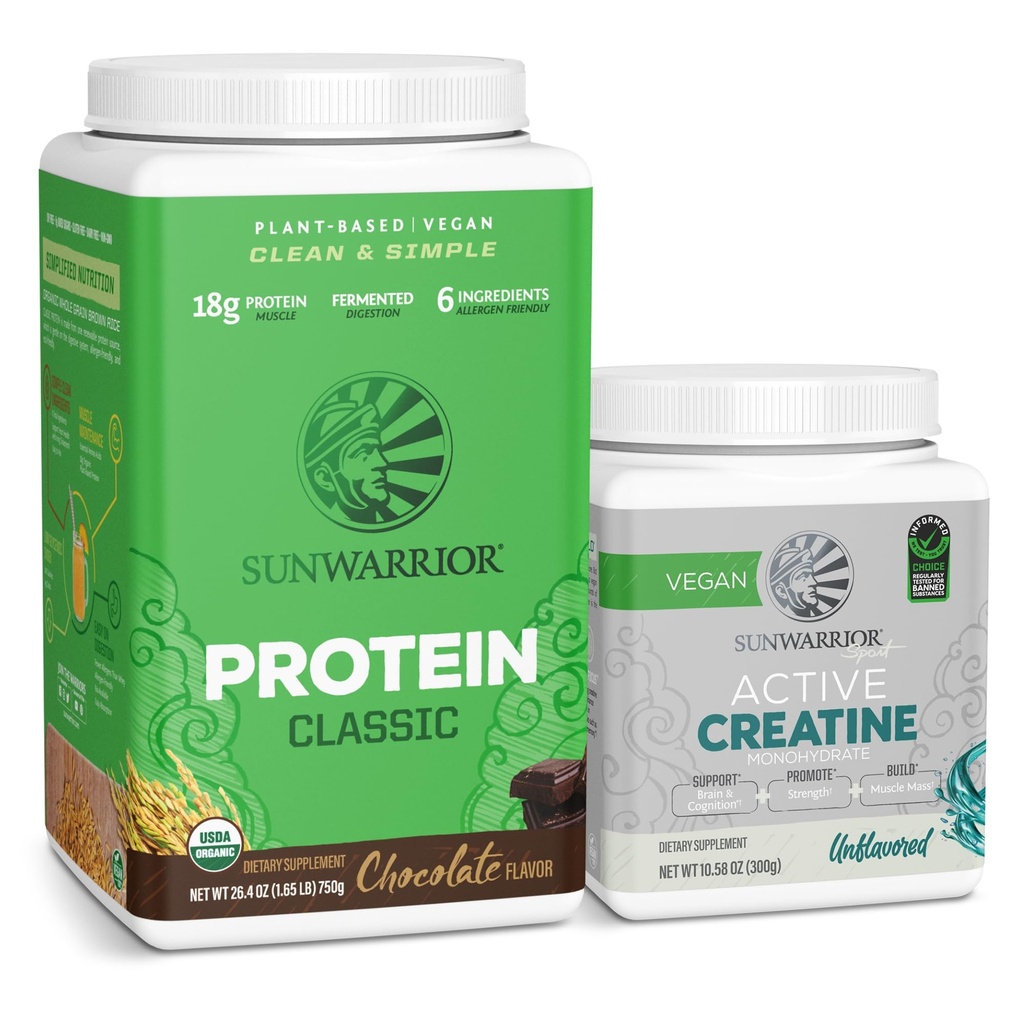 Sunwarrior Brown Rice Protein Powder Plant- based 124; Czekolada 30 Słupki & Kreatyna Monohydrat proszku