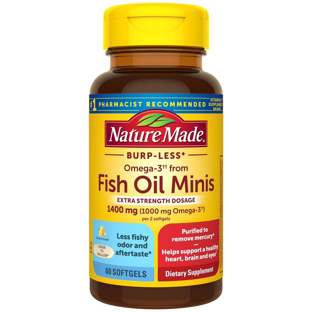 Nature Made Extra Siła Burp Mniej oleju rybnego Omega 3 Suplementy 1400 mg Minis, Omega 3 Olej rybny jako Estery etylowe Zdrowe Serce Mózg Oczy Wsparcie, 60 Softgels, 30 Day Supply
