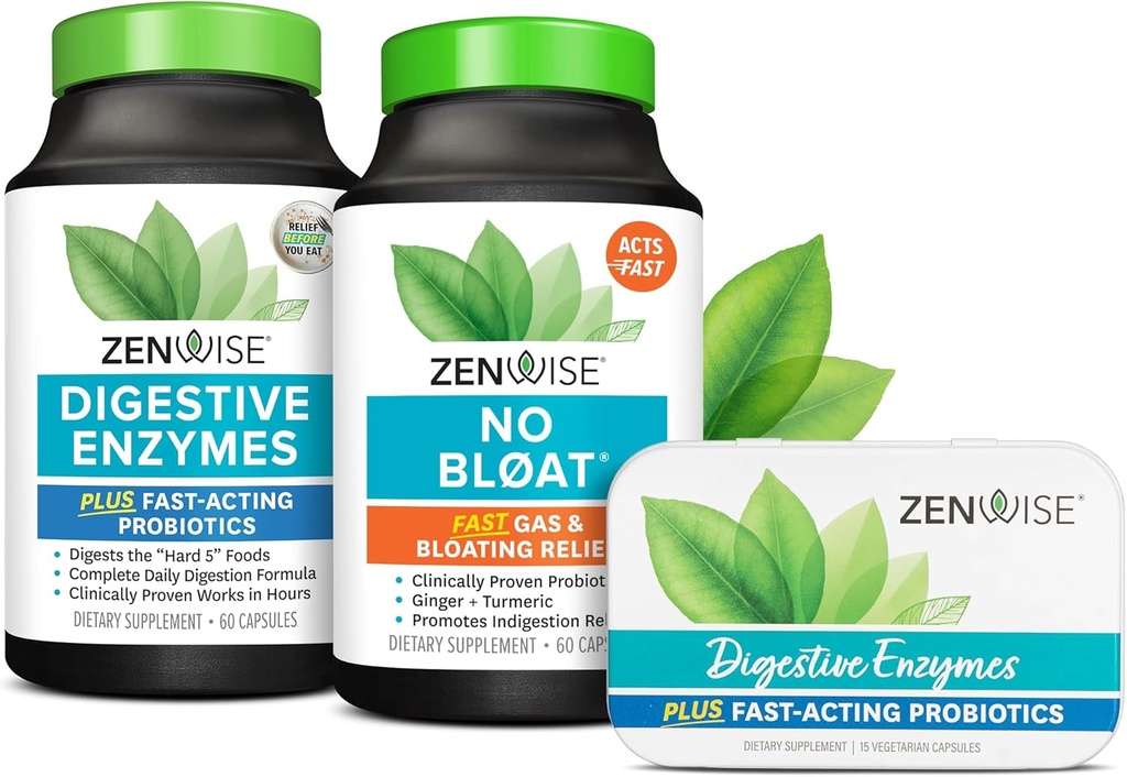 Zenwise Health Bliss Bundle Digestive Enzymes + No Bloat + Free Travel Tin - przed i post Meal Digestive Routine z enzymami i probiotykami dla trawienia