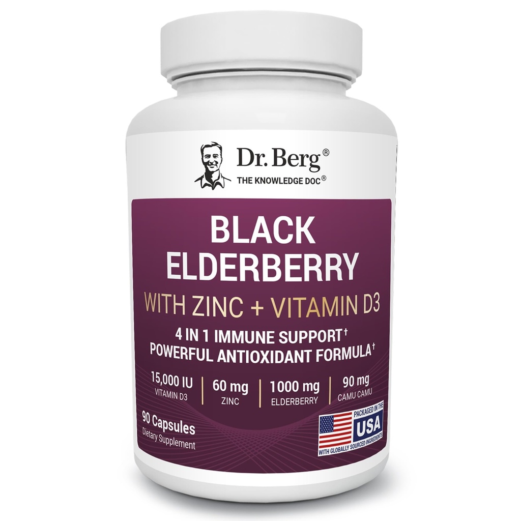 Dr. Berg Black Elderberry Capsules (Advanced Immune Support*) with 15,000 IU Vitamin D, 60 mg of Zinc, & 90 mg of Camu Camu - (4-in-1) Sambucus Elderberry Immune Support Supplement - 90 Capsules