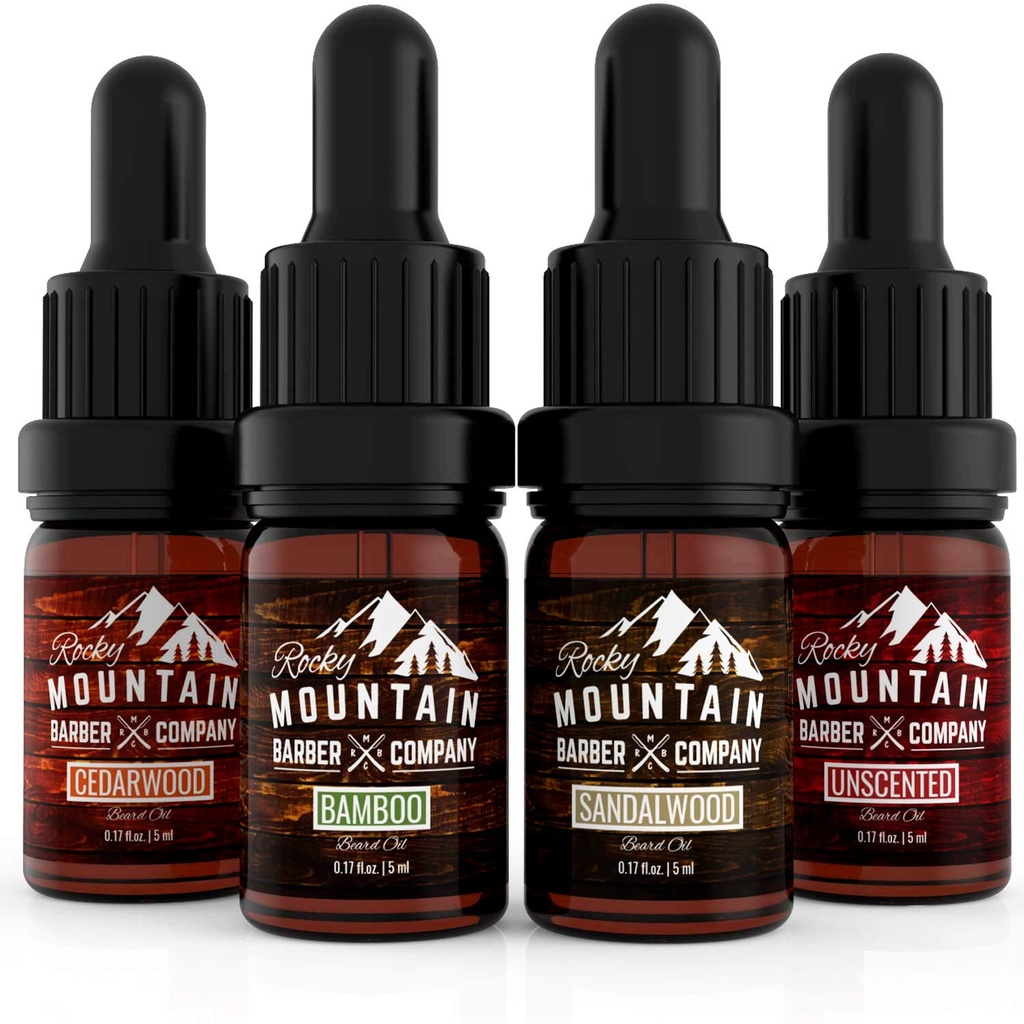 Rocky Mountain Barber Company Beard Oil Size Pack - 4 unikalne odmiany oleju beard (0.17 oz każdy) - Cedarwood, Sandalwood, Bamboo & Unscented - Zawiera olejki esencyjne