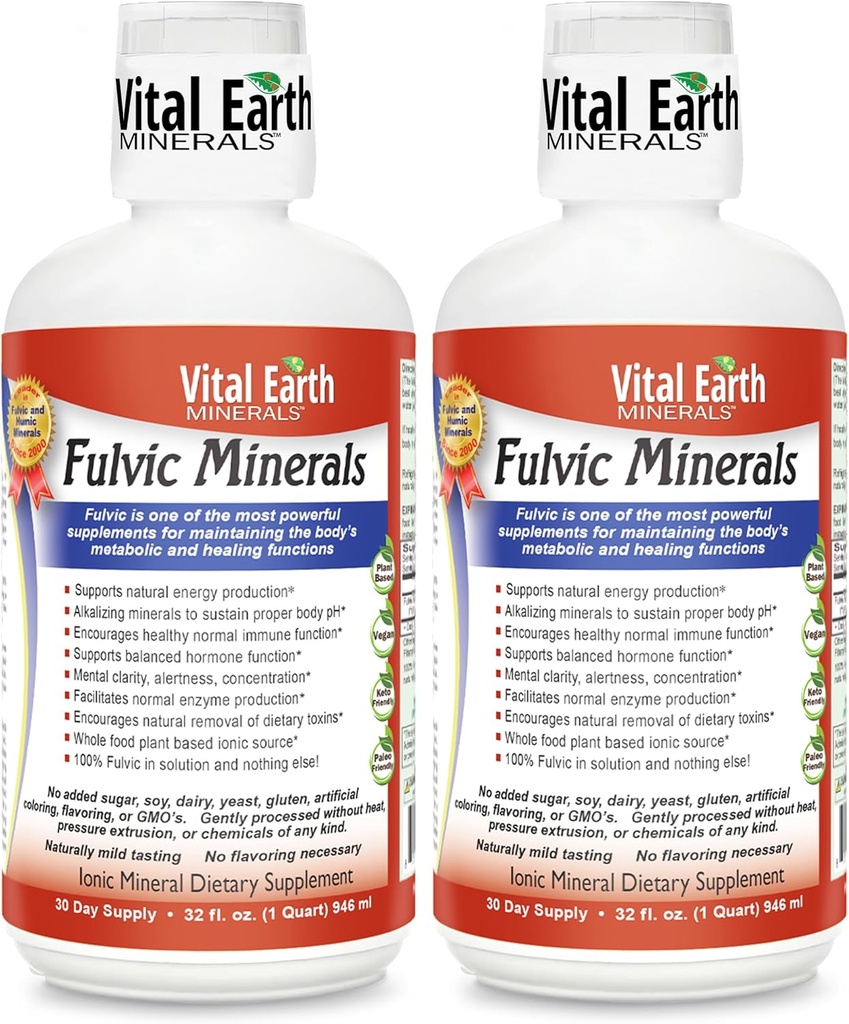 Vital Earth Minerals Fulvic Minerals Liquid - Suplement kwasu Fulvic z 70 + Minerały śladowe, Elektrolity dla energii i witalności, 32 Oz Ea + 1 Puchar Oz