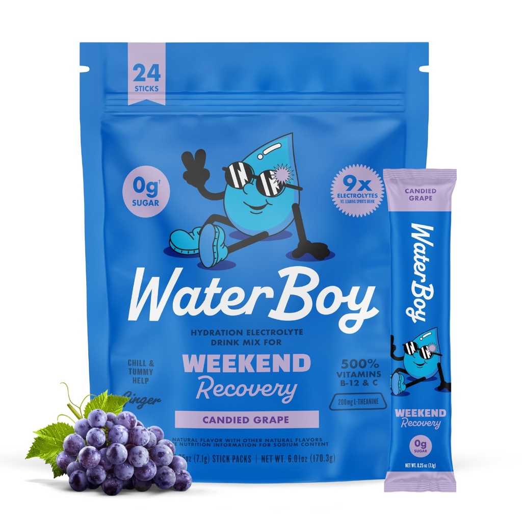 Waterboy Weekend Recovery Equipment 124; 3,187mg Electrolyte Powder Packets Equipment 124; Ginger + L- Theanine + Vitamin Equipment 124; No Sugar, All Natural, gluten Free Equipment 124; 24 Drink Stick Mixes (Grape)