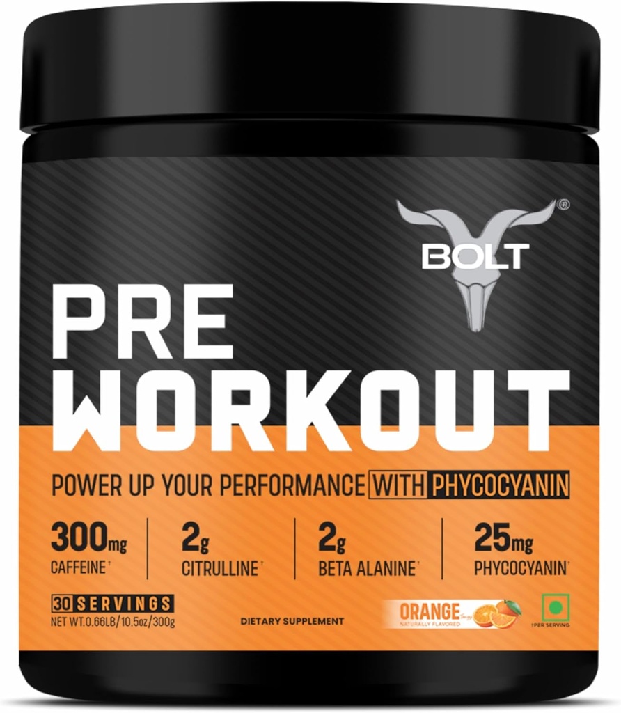 Bolt PreWorkout Supplement z kofeiną, jabłczan cytruliny, B- Alanina, Tauryna 124; Energia wybuchowa, Pompa & Focus Pentagon 124; 300g, 30 Służenie 124; Tangy Orange