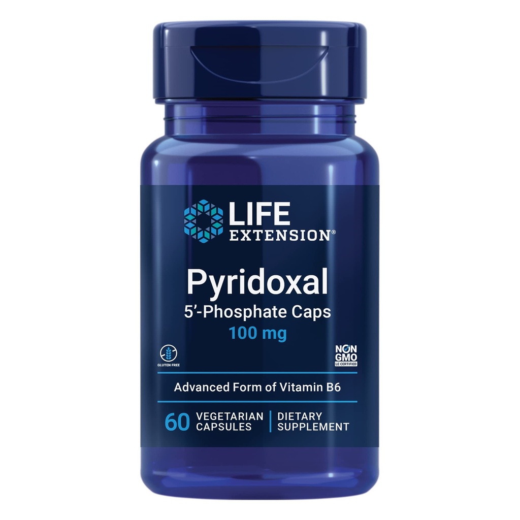 Life Extension Pyridoxal 5 '-Fosfat Czapki - Witamina B6, 100 mg, Bioactive B6 dla układu sercowo-naczyniowego, Nerki i Nerve Zdrowie - Gluten- Free, Non-GMO, Wegetarianin - 60 Kapsułki wegetariańskie
