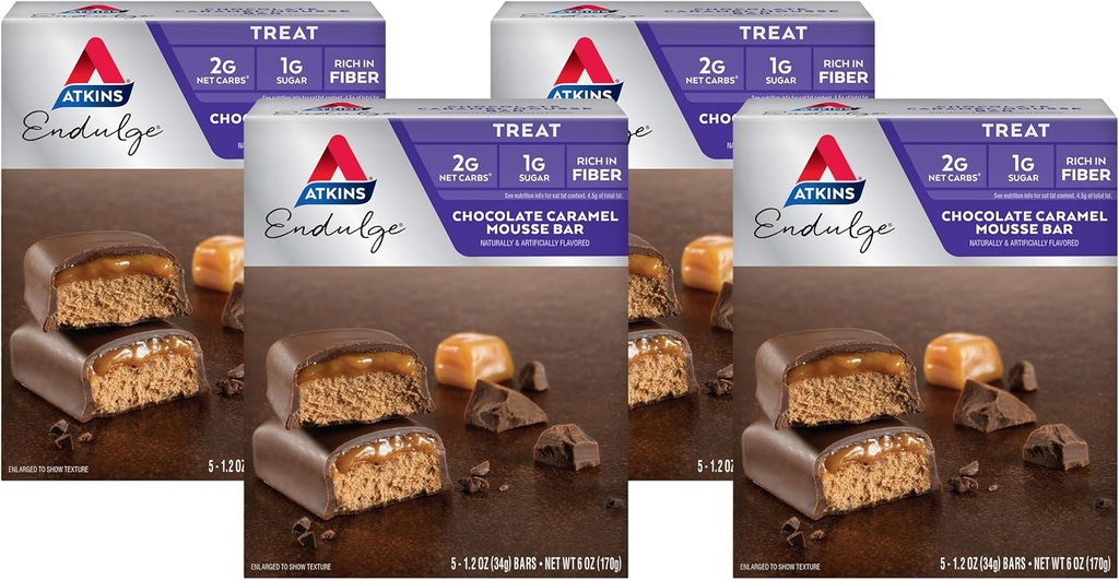 Atkins Endulge Cocolate Carmel Mousse Bar, Dessert Favorite, 1 g cukru, wysoki w włóknie, 5 Hrabia (Pack of 4)