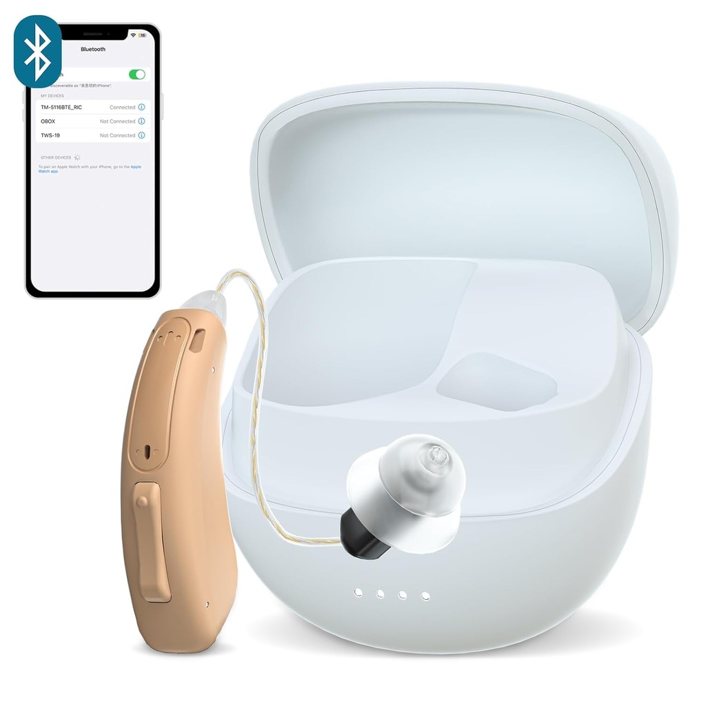 RIC Single Hearing Aid for Seniors, CUSTOM FIT Digital Over- The- Counter Recharable Tinnitus Masking Premium Solution dla dorosłych, prawie niewidoczne Bluetooth Call Enabled, Auto- On, 1pc Lewa strona