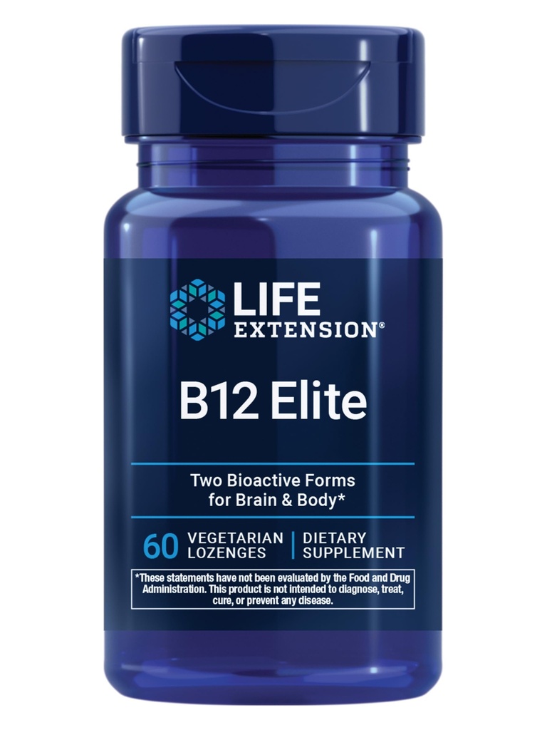 Life Extension B12 Elite, adenozylkobalamina, metylokobalamina, Dwa aktywne formy dla zdrowia mózgu i produkcji dopaminy, Non-GMO, Gluten- Free, Wegetarianin, 60 lozengi