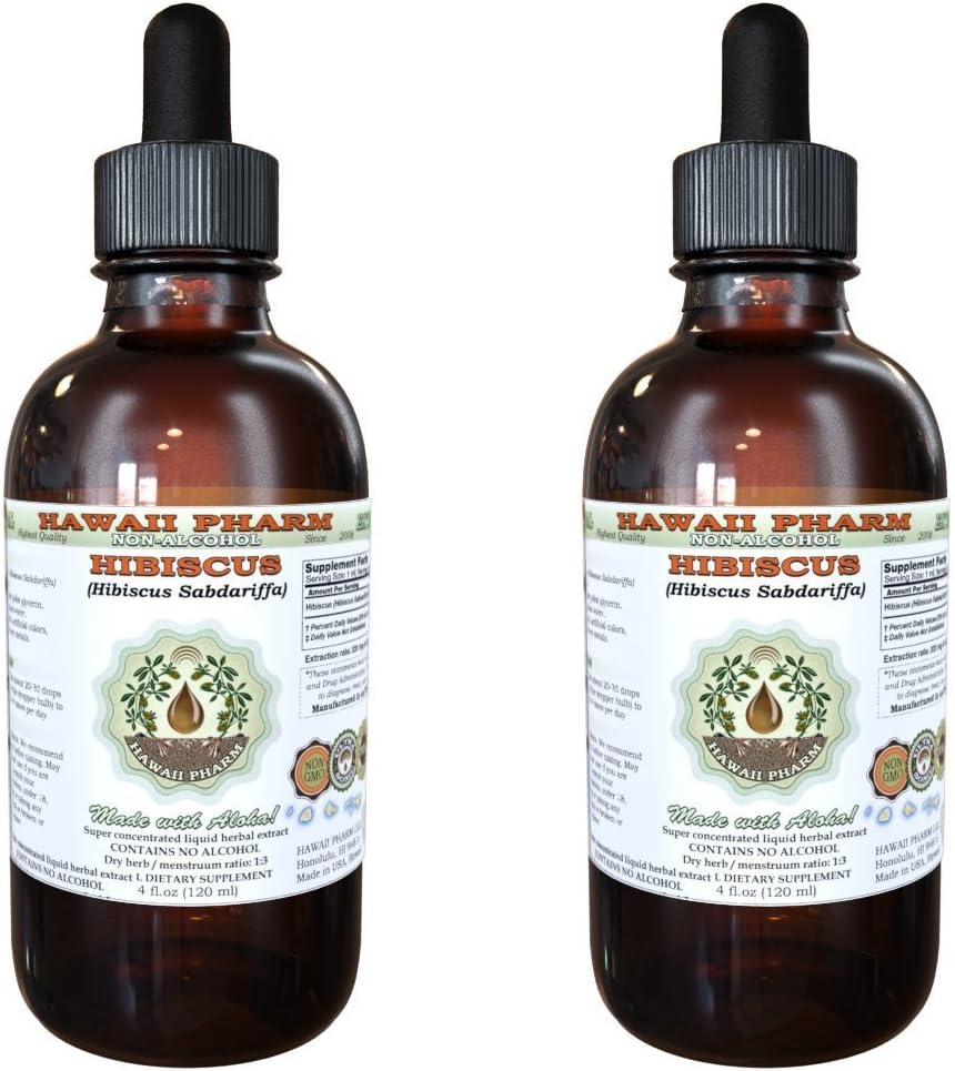 Hibiscus Alcohol-Free Liquid Extract, Organic Hibiscus (Hibiscus Sabdariffa) Dried Flower Glycerite Hawaii Pharm Natural Herbal Supplement 2x4 oz