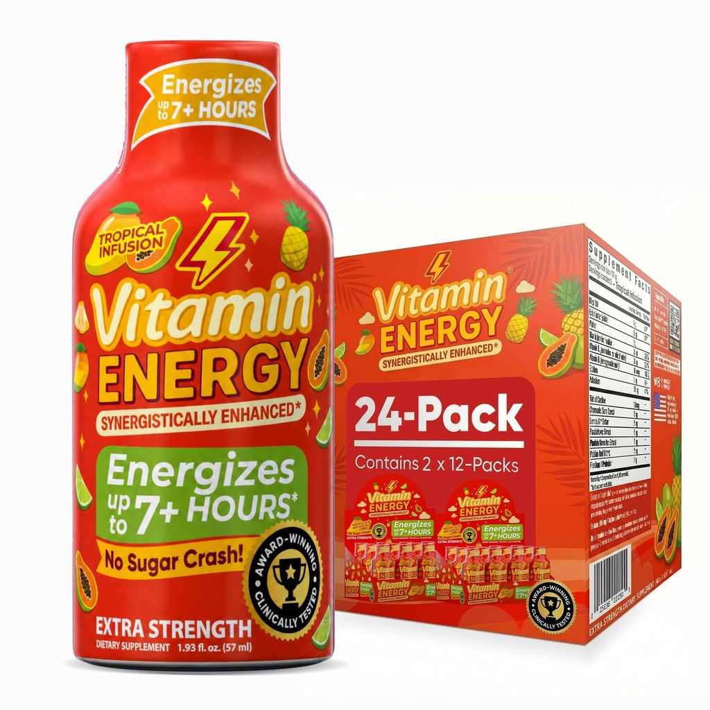 Witamina Energy Focus + Extra Siła Energy Shot Tropical Infusion 24 Pack, 260mg Natural Cafeline, B- Vitamin, CoQ10, Amino Acids, Focus, Productivity & Clarity, Zero Sugar, Gluten- Free, 1.93 fl oz