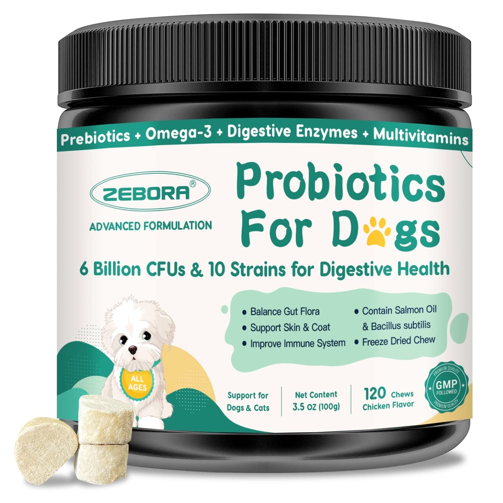 Probiotyki dla psów Digestive Health, Psy Probiotyki i Enzymy Trawienne, Prebiotyki, Omega-3 & 6 i Witamina dla psów, 6 Miliard CFU dla Gut Health i Wsparcie immunologiczne, 120 Chews