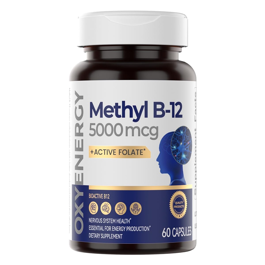 OxyEnergy Methyl Witamina B12 5000mcg, Dodatkowa siła Methylcobalamina B- 12 Suplementy z folianem, Nerwy podtrzymujące, Metabolizm energii i kognitywne, 60 Kapsułki