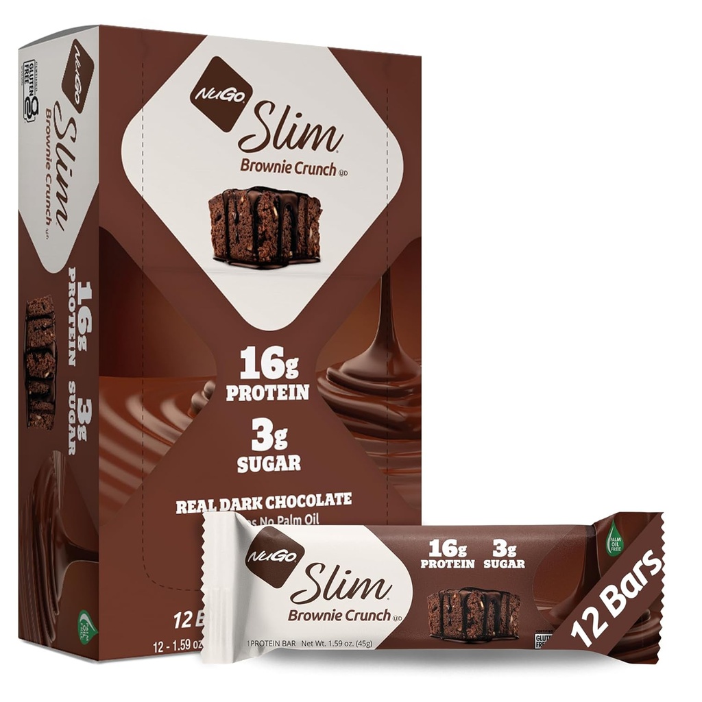 NuGo Slim Dark Chocolate Brownie Crunch, 16g Protein Bar, Gluten Free, Non-GMO, Kosher, Keto Friendly, Niskie węglowodany, 12 Hrabia