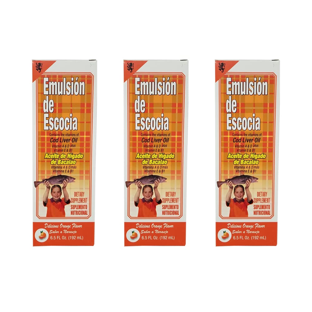 Emulsja de Escoccia. Suplement diety Cod Liver Oil. Bogaty w witaminy A, D, E i B1. 6.5 Fl.Oz / 192 ml. Opakowanie zawierające 3