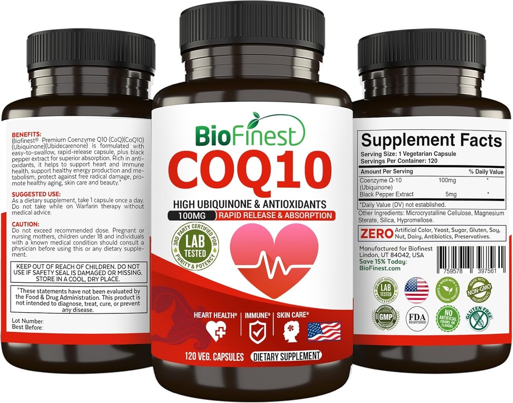 BioFinest CoQ10 Koenzym Q10 100 mg Suplement - Szybkie uwalnianie Absorpcja - Przeciwutleniacz energii immunologicznej serca (120kapsle)
