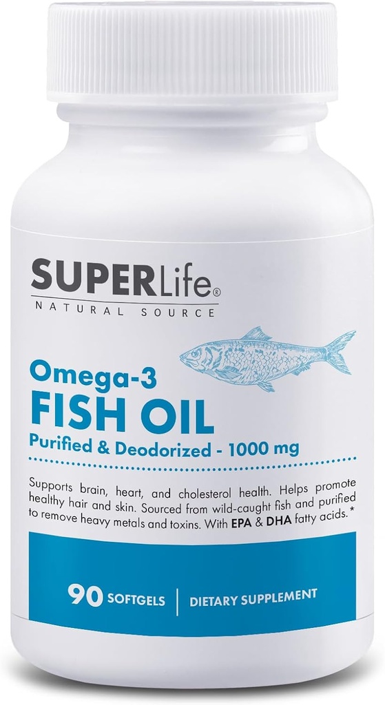 Omega-3 Olej rybny - 1000 mg Oczyszczony i ododór z dzikich ryb złowionych z EPA & DHA Kwasy tłuszczowe 124; Wspomaga serce, mózg, Włosy i skóry zdrowia 124; Suplement - 90 Softgels