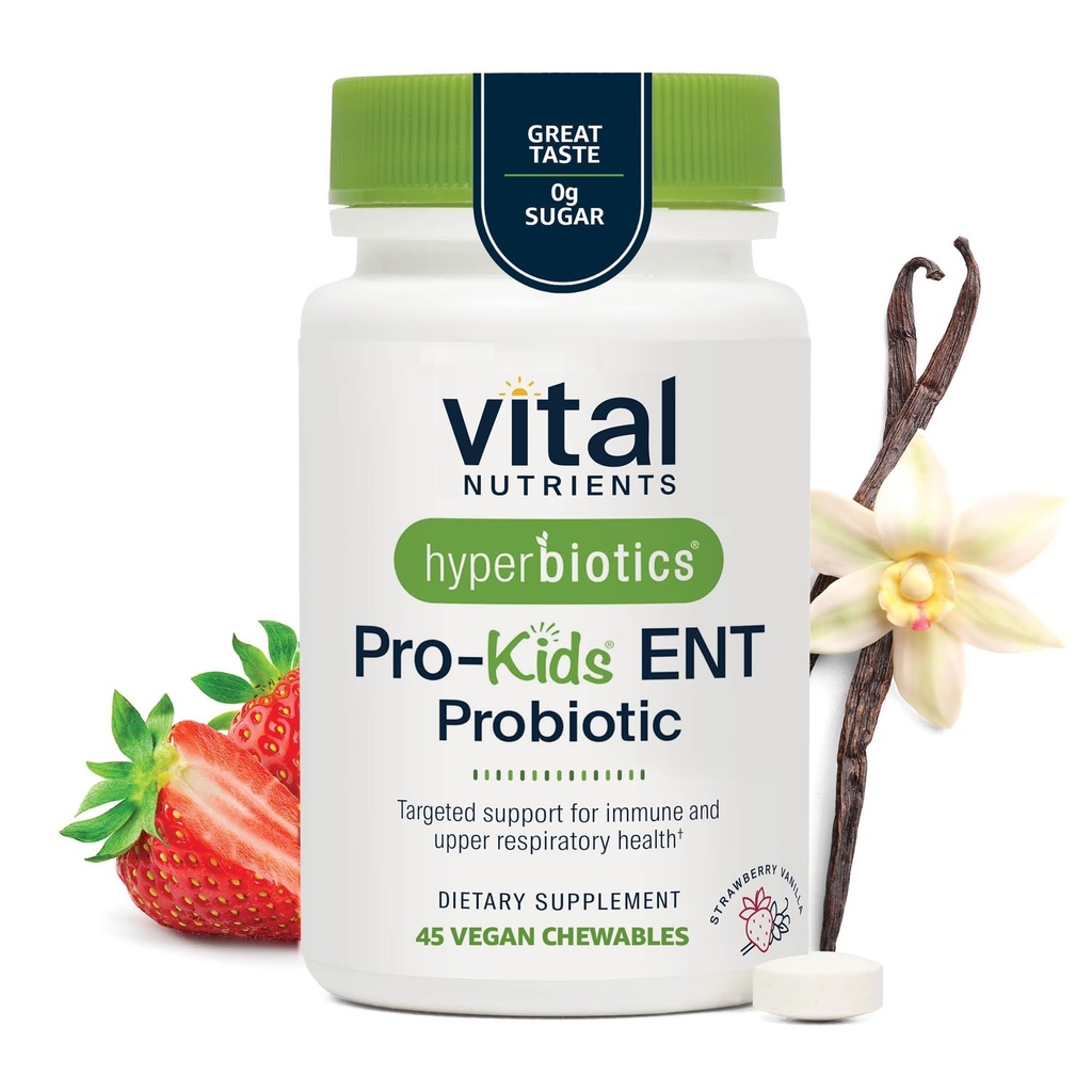 Hiperbiotyki Vital Nutrigents Pro Kids Probiotic ENT GIV124; Probiotyki Toddler dla dzieci Uszy, Nos i Gardła124; Ukierunkowane immunologiczne i trawienne zdrowie 124; Strawberry- Vanilla 45 Bezcukrowe tabletki do żucia