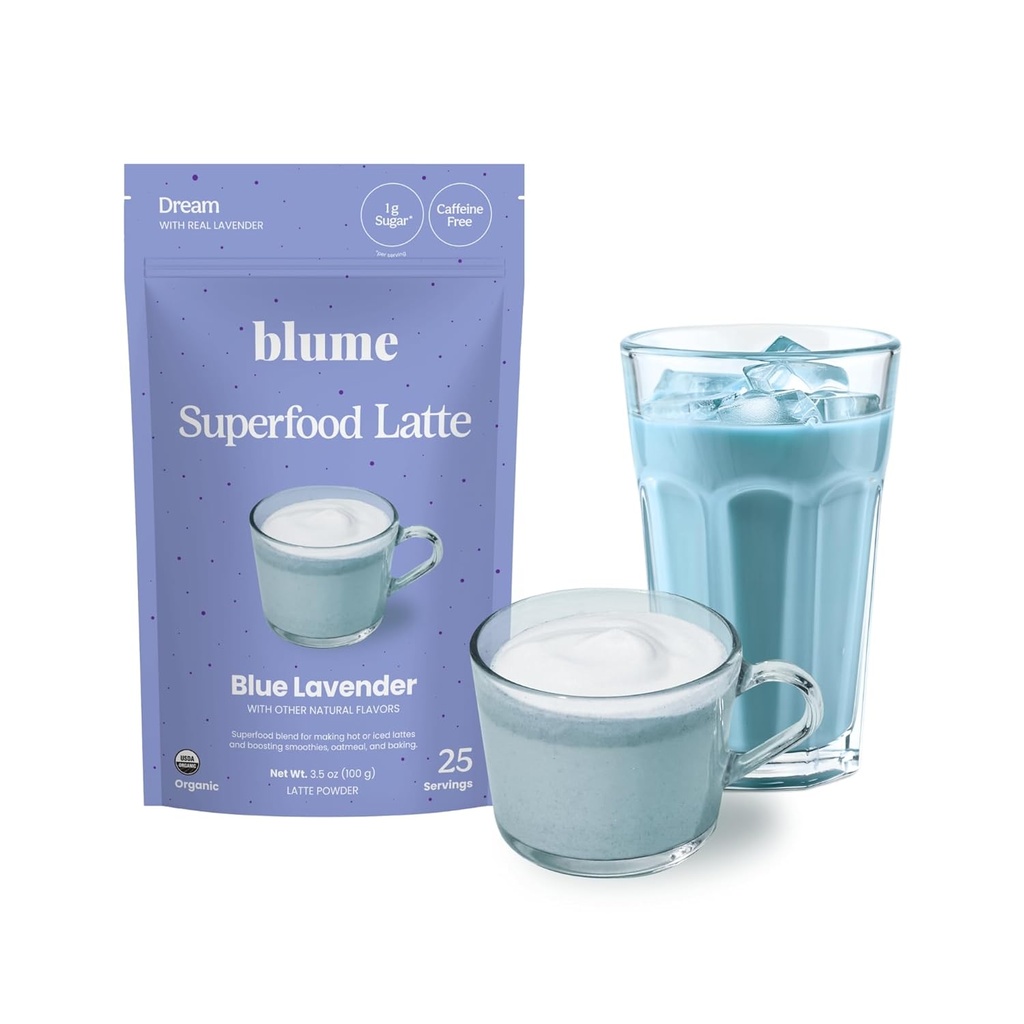 Blume Superfoods Latte - Blue Lavender w proszku z Blue Spirulina i mleka kokosowego, kofeina wolna, niski cukier, organiczne, Keto Friendly, Wegan, wspiera sen i spokój, Lavender Latte- 25 Sług