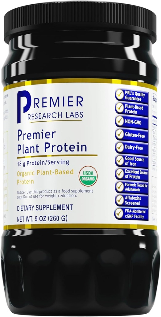 Premier Research Labs Plant Protein - Vegan Plant Based Pea Protein Powder, Organic, Dairy Free, Gluten Free, Brak sztucznych aromatów, Wegetarianin, Zawiera dynię i ryżowe białko - 9 Oz