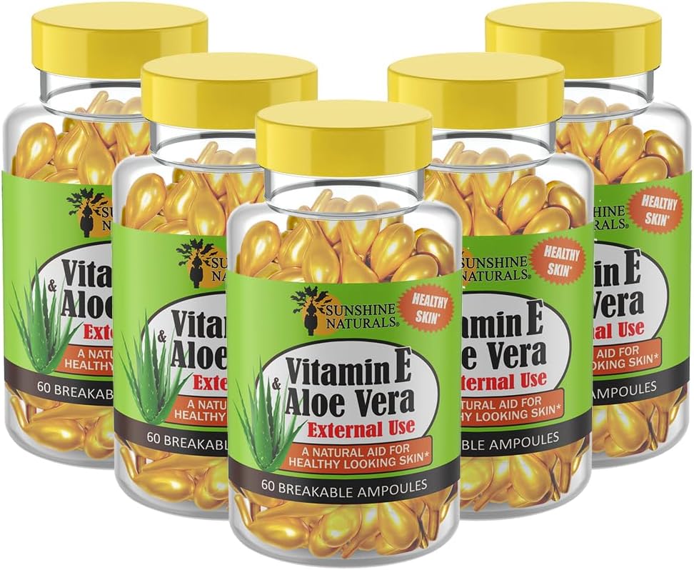 Sunshine Naturals Vitamin E and Aloe Vera Moisturizer. Hydrating Formula for Dry Skin, Soothing Relief, Nourishment, and Skin Elasticity. Promotes Soft and Healthy-Looking Skin. 60 Vials. Pack of 5