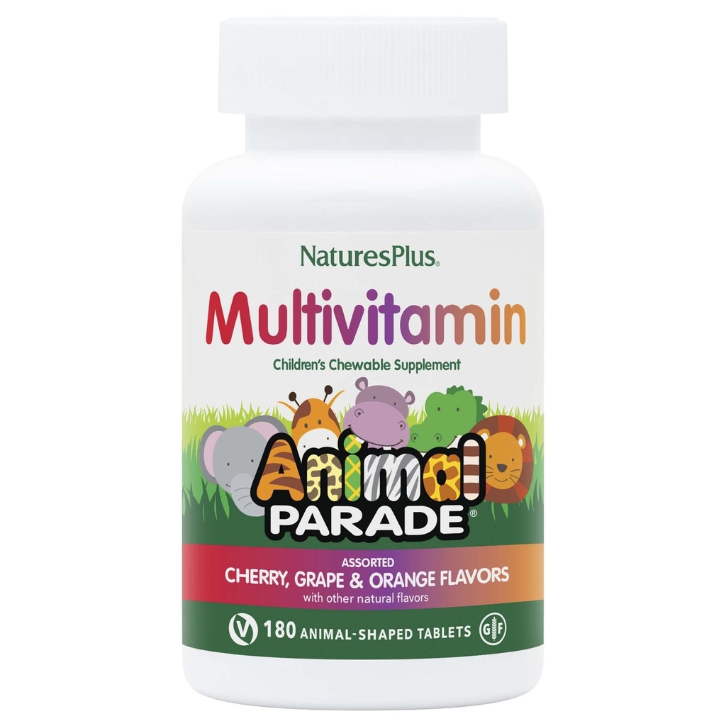 NaturesPlus Animal Parade Dzieci Chewable Multivitamin - 180 Animal- Shaped Tablets - Naturalne smaki różne - Wegetarianin, Gluten Free - 90 Servings