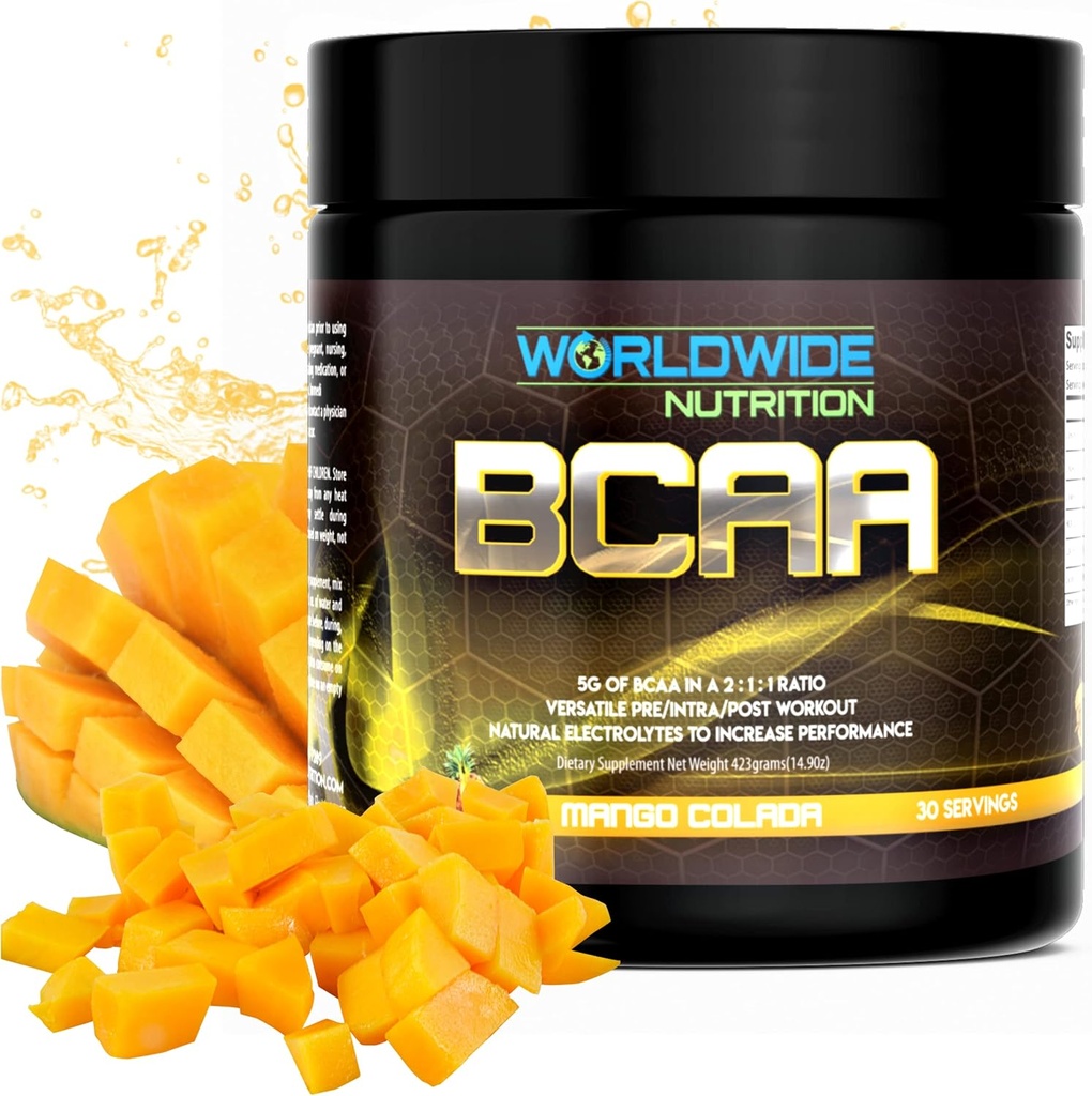 Worldwide Nutrition BCAA Powder - Branched Chain Amino Acids - Preintra Post Workout Supplement for Men and Women - Natural Electrolytes Powder for BCAA Energy - Mango Colada - 30 Służenia