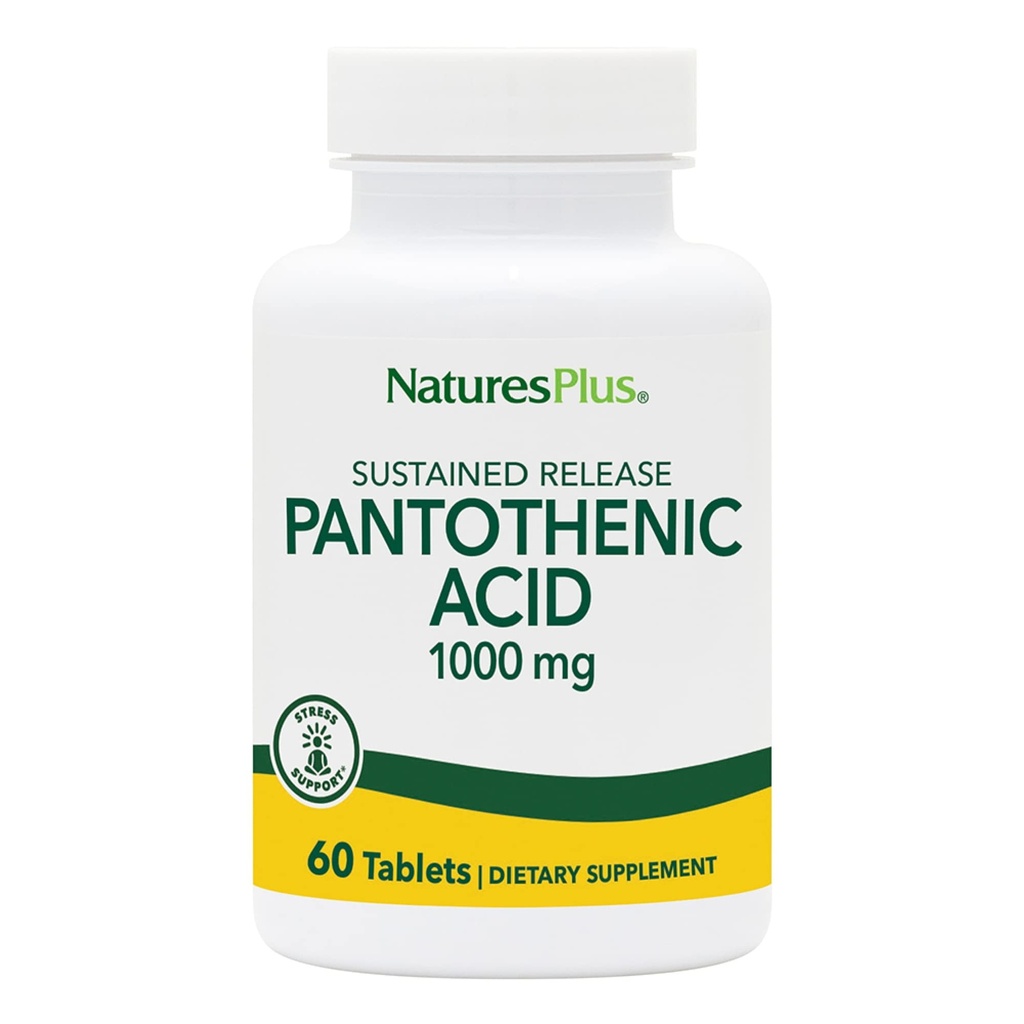 NaturesPlus Kwas pantotenowy, Trwałe uwalnianie - 1000 mg, 60 Tabletki - Wysokiej mocy witamina B5 Suplement - wegetarianin, Gluten Free - 60 Służenie