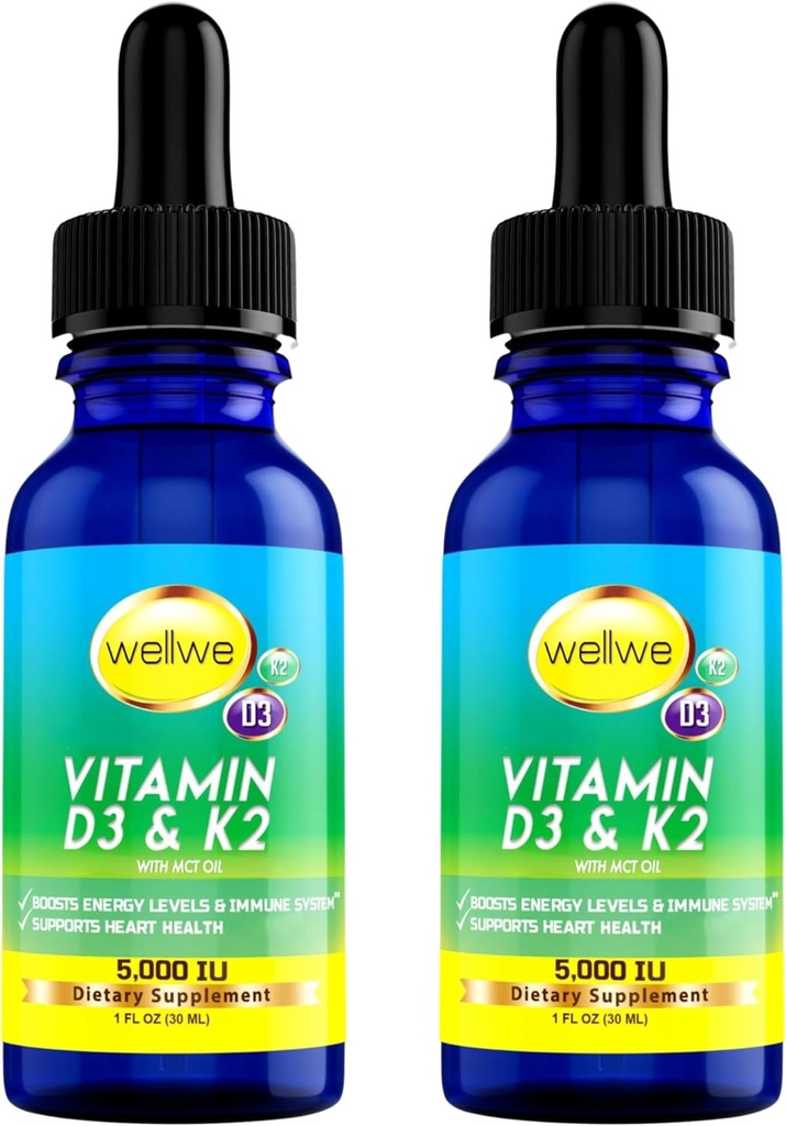2 Butelki Płynna witamina D3 K2 Krople 5000 IU z MCT Oil - Wegański płynny witamina D Suplement do Boost poziomu energii, nastrojów i układu immunologicznego, Unflavored, No Odor, Gluten- Free, Non-GMO, 2 Fl Oz