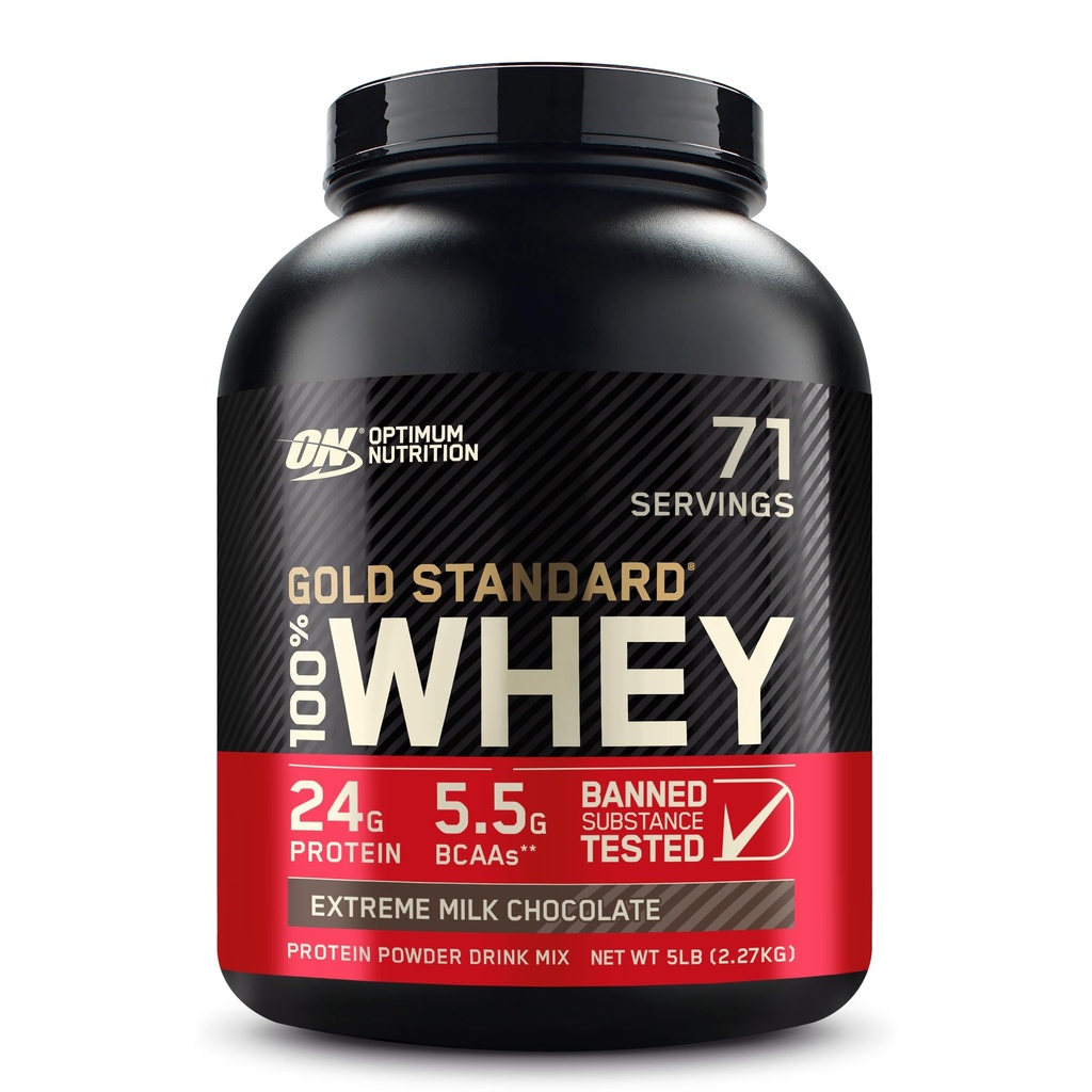 Optimum Nutrition Gold Standard 100% Proszek z białka serwatki, Czekolada Ekstremalna Mleko, 5 funtów (Opakowanie może Vary)