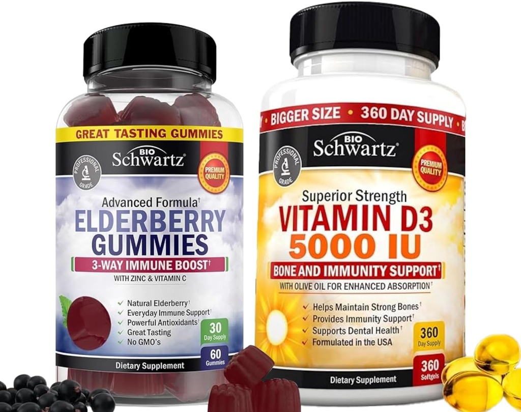 BioSchwartz Gummies Elderberry z cynkiem i witaminą C dla dorosłych Wsparcie immunologiczne (1 miesiąc dostaw) Plus wysoka wytrzymałość Witamina D3 5000 j.m. 125 μg (1 rok dostaw)