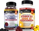 BioSchwartz Gummies Elderberry z cynkiem i witaminą C dla dorosłych Wsparcie immunologiczne (1 miesiąc dostaw) Plus wysoka wytrzymałość Witamina D3 5000 j.m. 125 μg (1 rok dostaw)