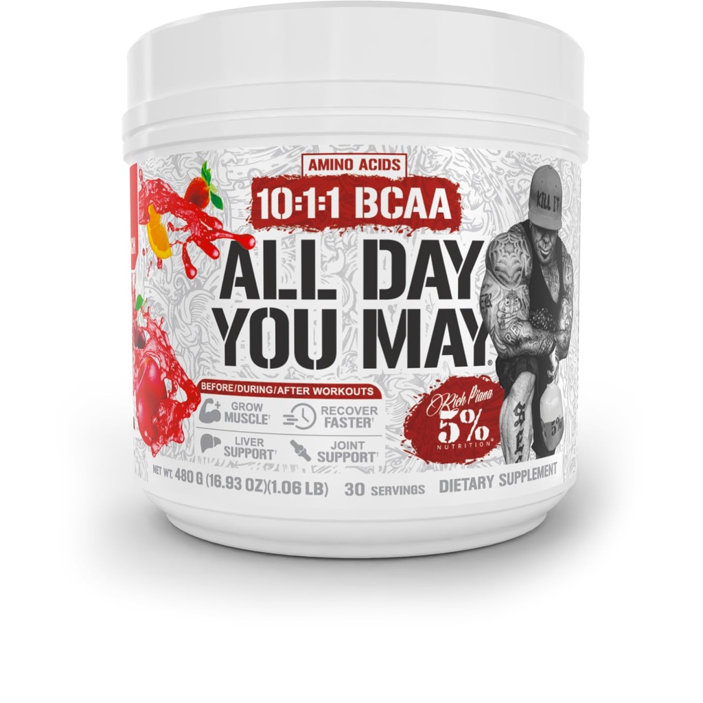 5% odżywka bogata Piana AllDayYouMay BCAA proszek 124; Premium Intra & Post Trening aminoacidów, Nawadnianie, Endurance, Odzyskiwanie mięśni, Joint & Liver Support 124; 16.93 oz, 30 Służenia (Fruit Punch)
