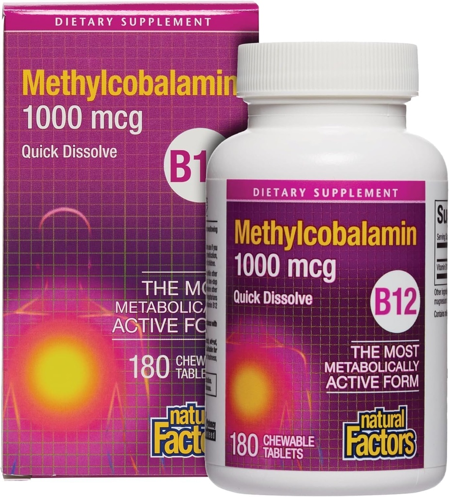 Czynniki naturalne, Witamina B12 Metylokobalamina 1000 µg, Oferuje najbardziej Metabolicznie Aktywna postać B12, Szybko rozpuszczające tabletki