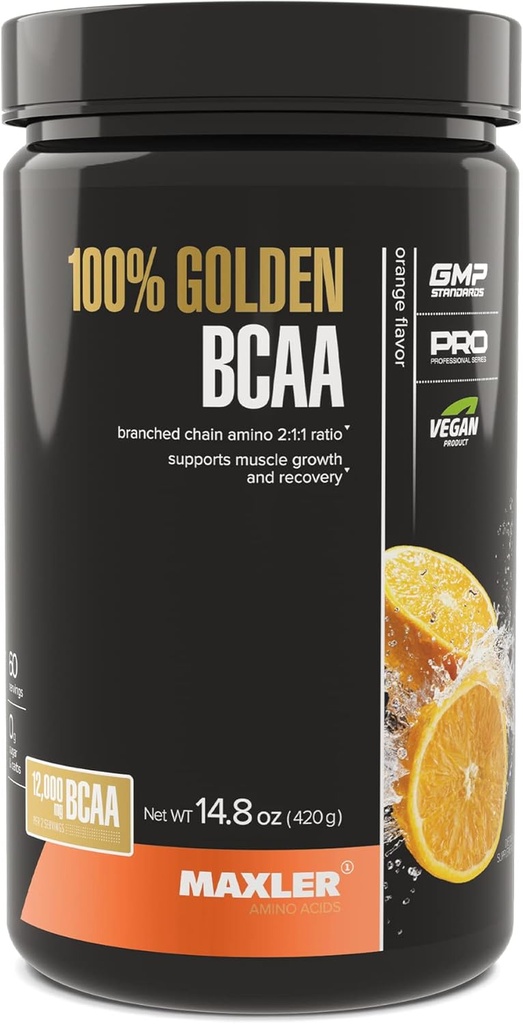 Maxler 100% Golden BCAA Powder - Intra & Post Workout Recovery Drink do przyspieszonej regeneracji mięśni i Lean Muscle Growth - 6 g Wegan BCAA Amino Acids - 60 Servings - Orange