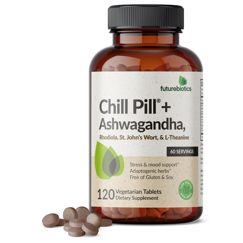 Futurebiotyka Chill Pill + Ashwagandha, Rhodiola, ziele dziurawca, & L- Theanine - Non-GMO, 120 Tabletki wegetariańskie