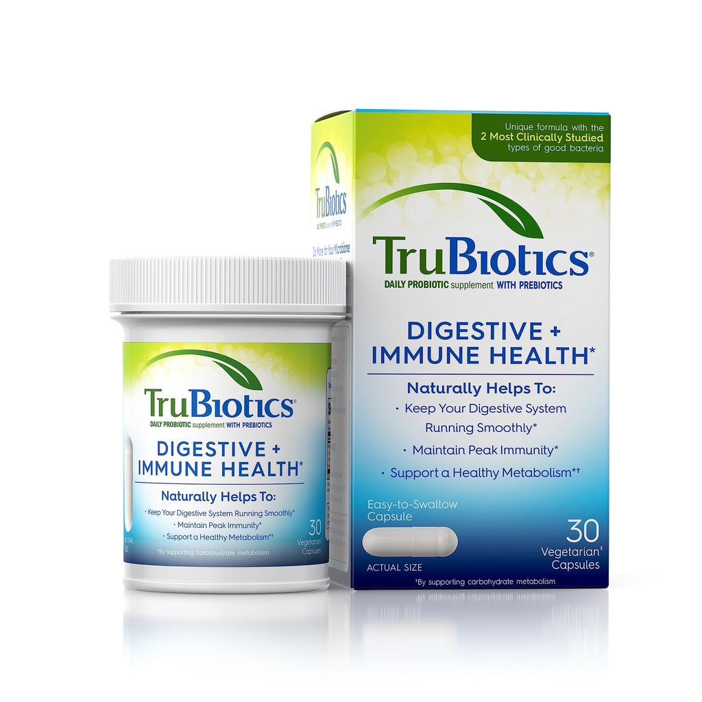 Probiotyki TruBiotics for Digestive & Immune Health, Wspiera Regularność i Pomaga Relieve Abdominal Discomfort, Gas & Bloating, 2 Klinicznie zbadane Probiotic Strains, Plus Prebiotyki, 30 Kapsułki