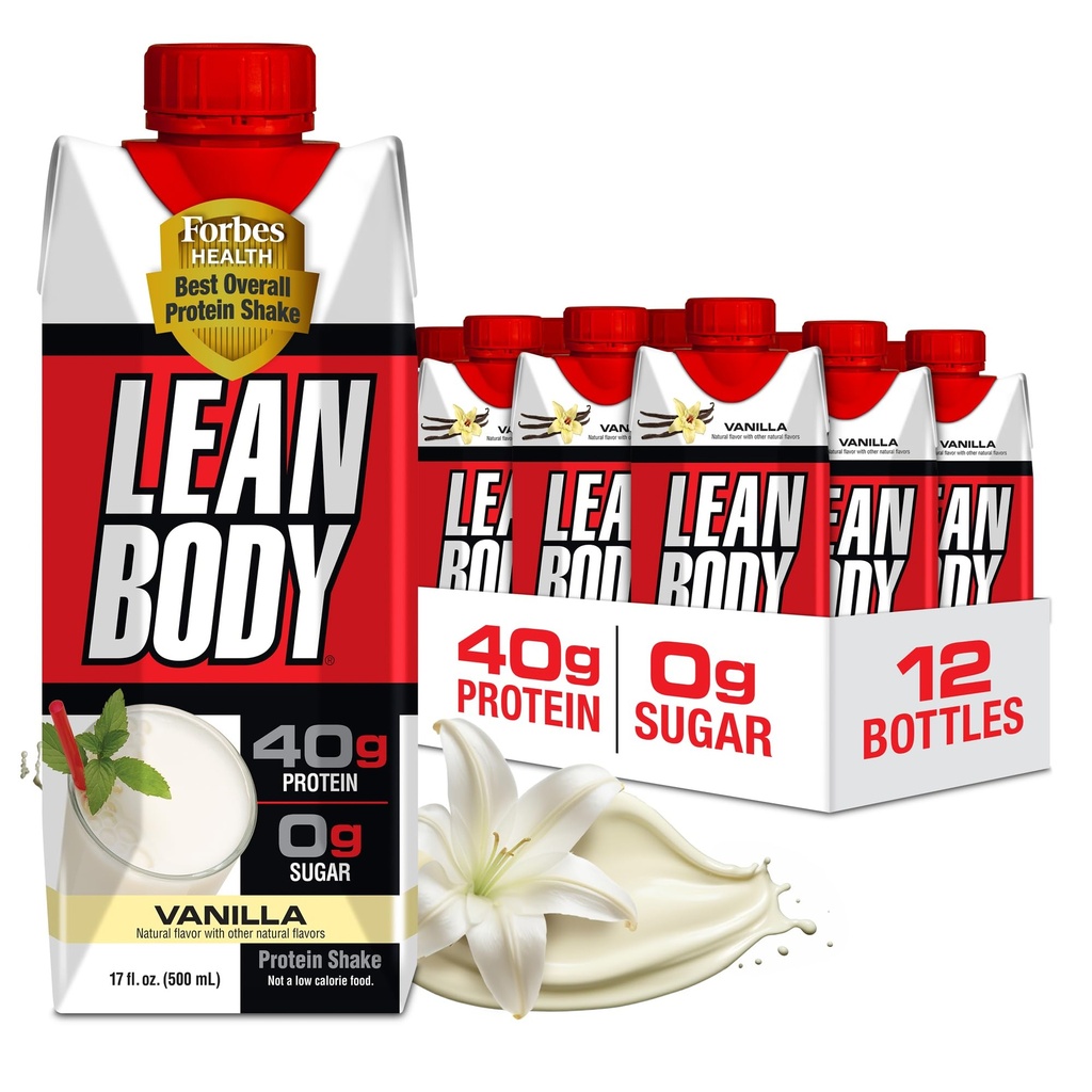 Lean Body Ready- to- Drink Vanilla Protein Shake, 40g Protein, Serwatka Mieszanka, 0 Cukier, Gluten Free, 22 Witaminy i Minerały, 17 Fl Oz (Opakowanie 12) LABRADA