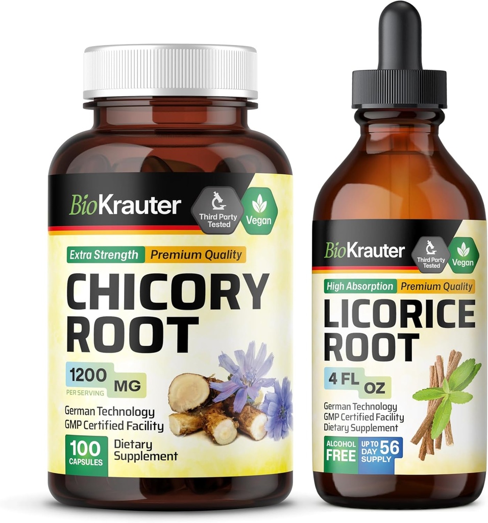 BIO KRAUTER Chicory Root 100 kapsułki i lukrecja Korzeń nalewka 4 Fl. Oz.