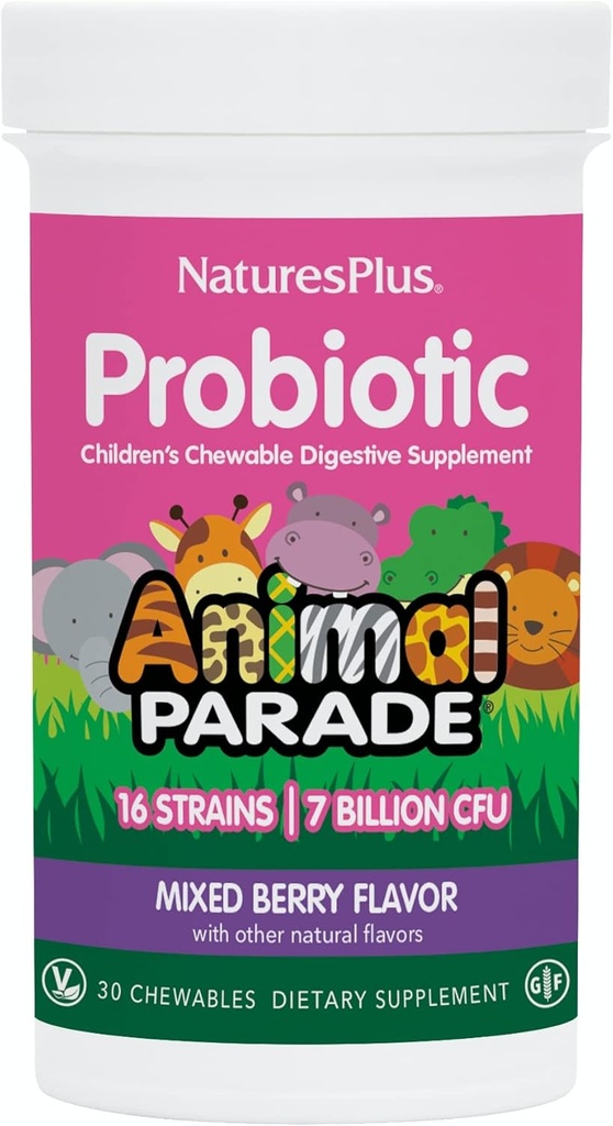 NaturesPlus Animal Parade Probiotic, Mieszane Jagody - 30 Chewables - Suplement do trawienia dla dzieci - Pomaga Gut Health & Immune Function - Wegan, Gluten Free - 30 Servings