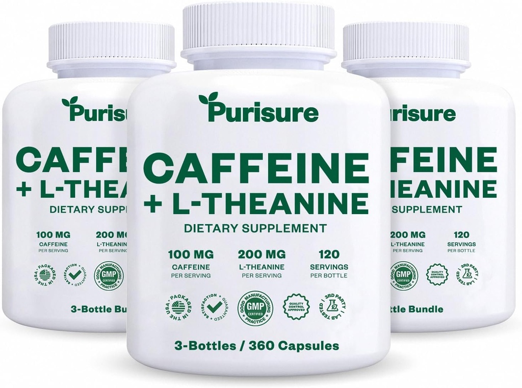 Wypoczynek Kofeina Theanine Kapsułki Tabletki 100mg Kofeina + 200mg L Teanina dla energii przed treningiem, i Clarity Energy Pills dla Zmęczenia, Suplement nootropowy, 120 Day Supply, Opakowanie z 3