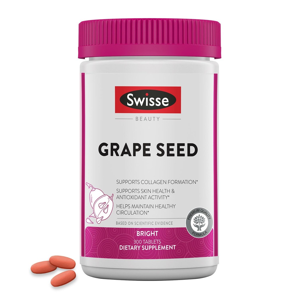 Swisse Grape Seed Extract Kapsułki Przeciwutleniacze Suplement ziołowy 124; Suplement Polyfenoli z winogron + Antyutleniacz Witamina C 124; Promotes Skin Health & Collagen Production 124; 300 Tabletki