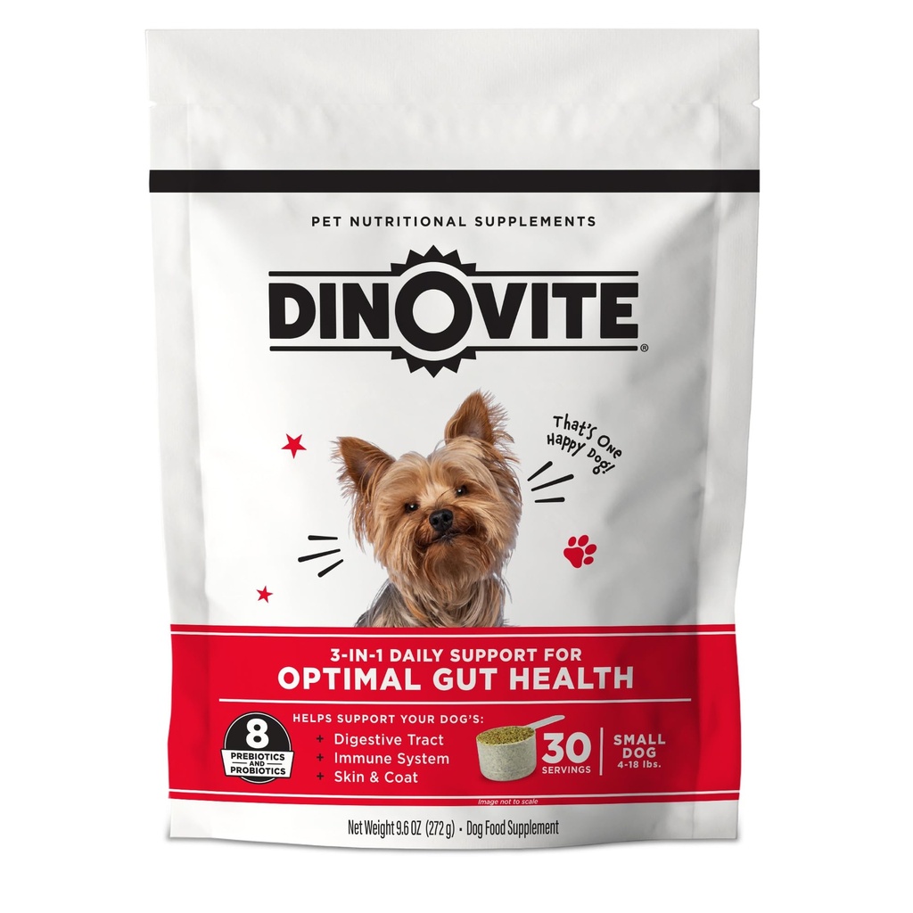 Dinovite 3 in 1 Probiotyk dla małych psów, Skóra & Płaszcz, Pokarm Zdrowia & Joint Relief, Dog Food Toppers, Wsparcie immunologiczne, Ulga alergiczna i Itch Relief Skin Care, 30 Służenia (1- 18lb)