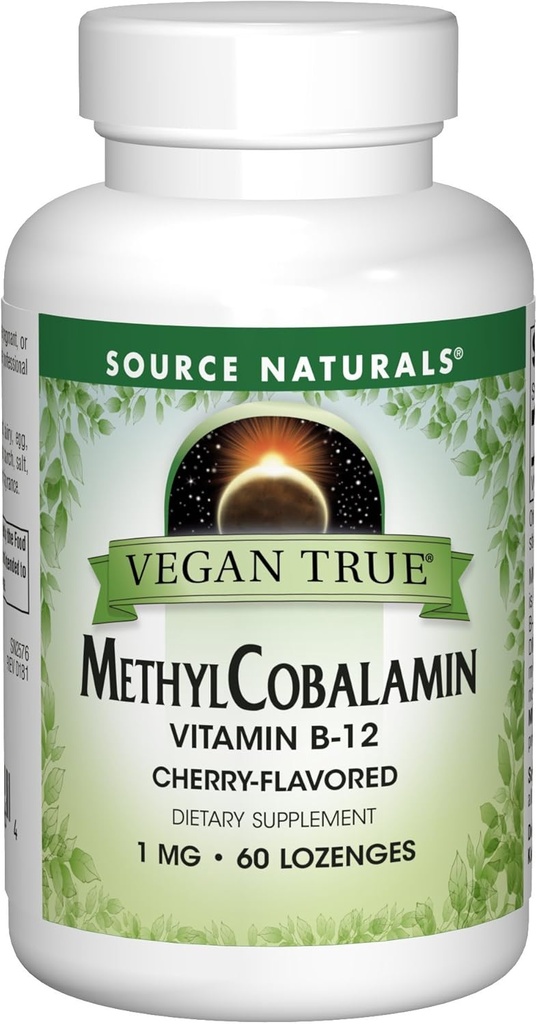 Źródło Naturals Vegan Methyl Cobalamine, Witamina B- 12 Cherry Flavored Dietetic Supplement, 1 Mg - 60 Lozenges
