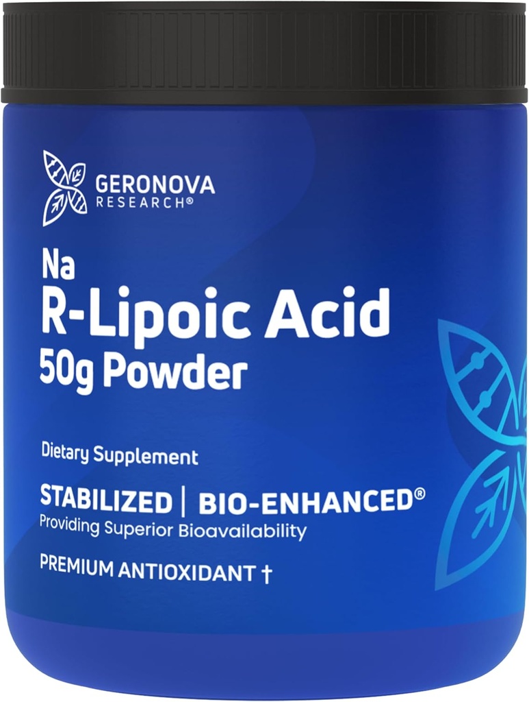 Geronova Research Bio- Enhanced Na R- Lipoic Acid Powder, 50g - 4 Miesiące Dostawy - Stabilizowany R Alpha Lipoic Acid Powder dla Elastycznej Dawkowanie - Łatwe mieszanie i Ulepszony Wchłanianie Nerve Supplement