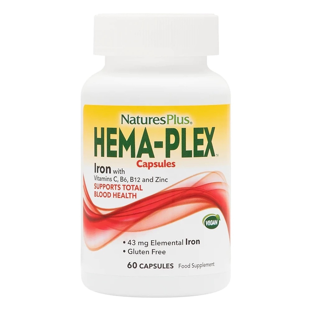 NaturesPlus Hema- Plex Żelazo - 60 Kapsułki szybko działające - 85 mg Żelazo chelatowane - Total Blood Health - z witaminą C & Bioflavonoids - Wegan, Gluten Free - 30 Służenie
