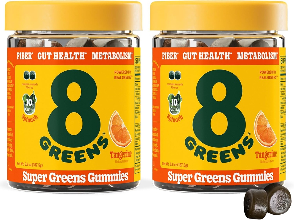 8 Zielonych Codziennie Fiber Super Zielone Gummies - Tangerine Flavor: Boost Immune System & Digestive Health z 8 Prawdziwych Zielonych - Nie GMO Formuła, Chewables, 50 Wegańskie Gummies, Opakowanie z 2