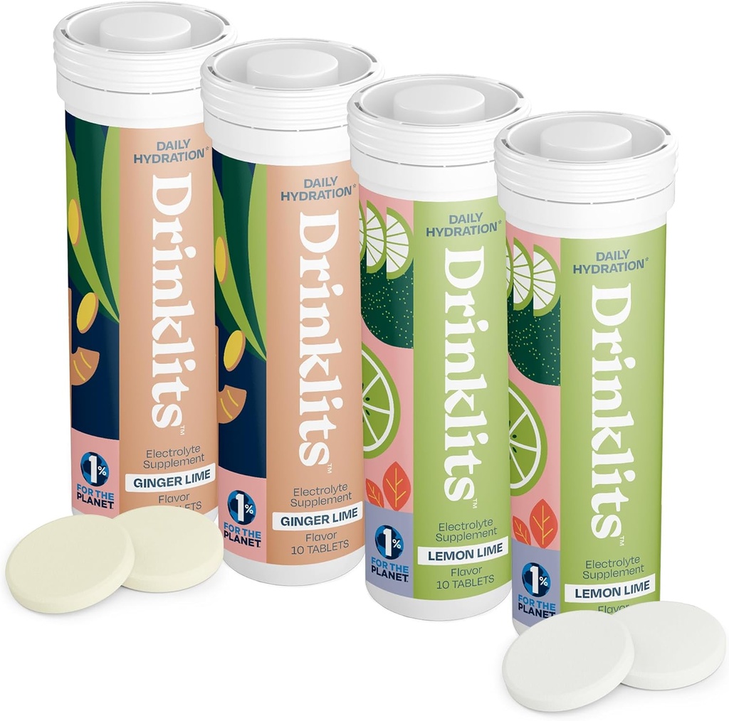 Drinklits Ginger- Lime & Lemon- Lime Electrolyte Tablets (4) Korek rurowy 124; Codzienne Nawodnienie Combo Pack 124; Wielki smak - 0g Sugar - Naturalny napój sportowy 124; 40 Słupki - 10 Tabletki na rurę