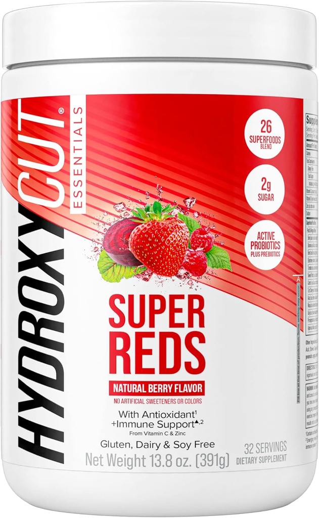Hydroksycut Essentials Super Czerwone 124; Proszek Superfood 124; Witamina C & Cynk do immunologicznego wsparcia 124; Probiotyki 124; 26 Superfood Blend 124; Soja, Gluten i Dairy Free (32 Sługi)
