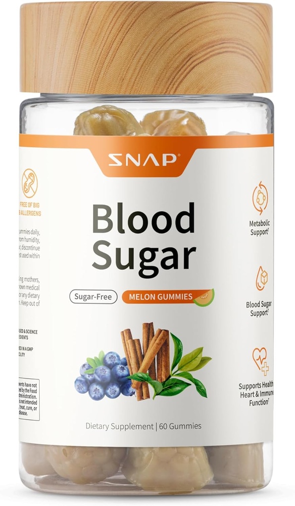 Suplementy Snap Gummies cukru krwi, Wsparcie Zdrowy poziom cukru krwi i metabolizmu cukru, Mieszanka cukru do żucia krwi, Cynamon Bark i ekstrakt owoców borówki, Naturalny aromat melona, 60 Gummies
